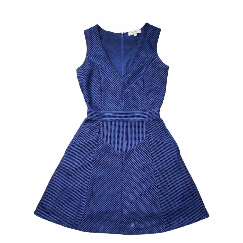 Reiss Topaz Blue Textured Fit & Flare Dress Sleeveless - Picture 2 of 9